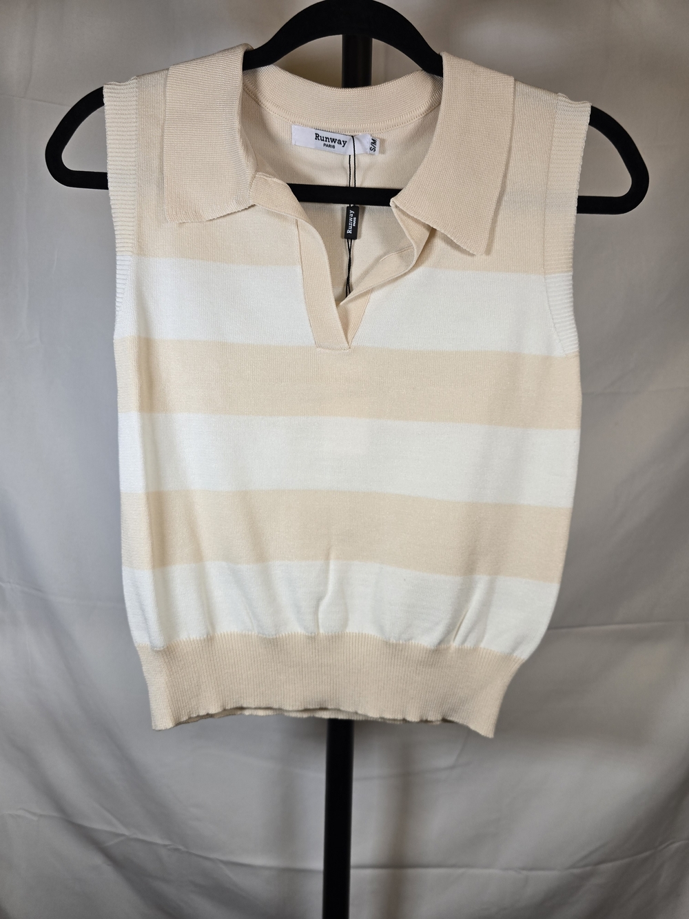 Cream And White Collared Stripe V Neck Blouse